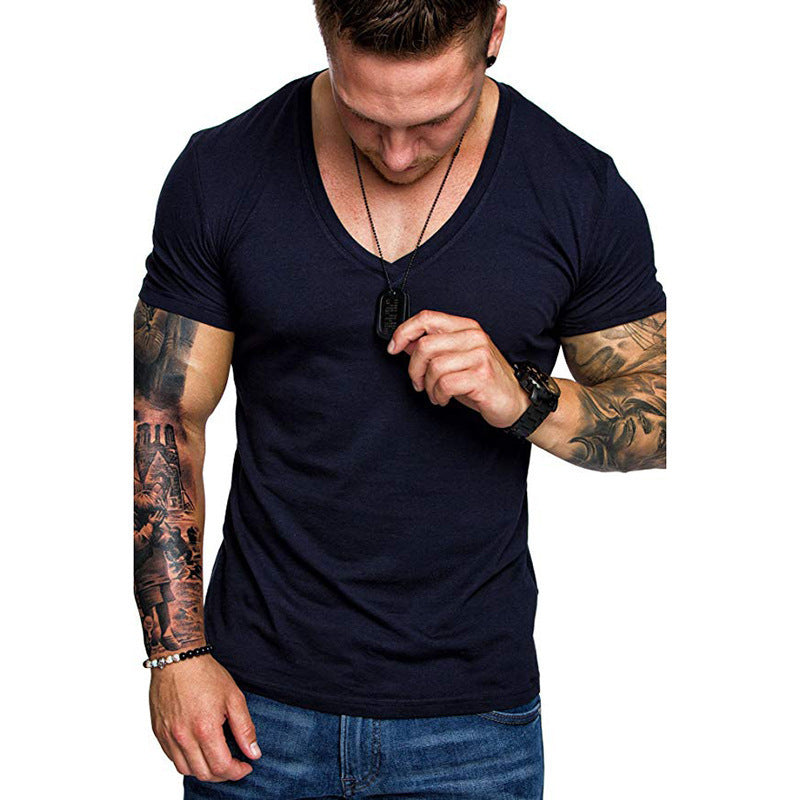 T-shirt col V décontracté pour homme, couleur unie, grande taille, style sport