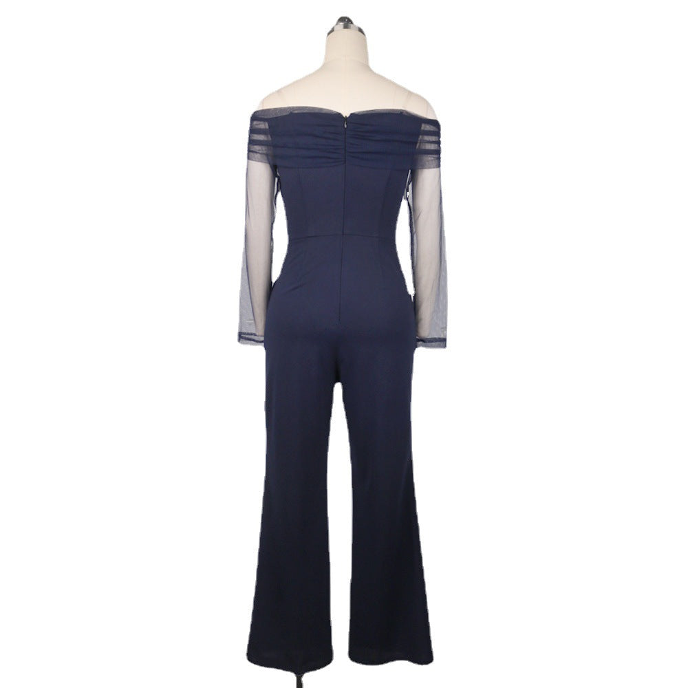 Sexy One-Shoulder Stitching Mesh High Waist Large Size Slim Wide Leg Pants Women's Jumpsuit