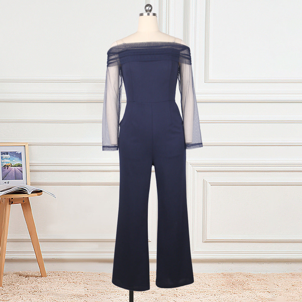 Sexy One-Shoulder Stitching Mesh High Waist Large Size Slim Wide Leg Pants Women's Jumpsuit
