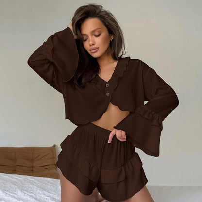 Womens Soft Ruffle-Trim Long-Sleeve Top And Shorts Set