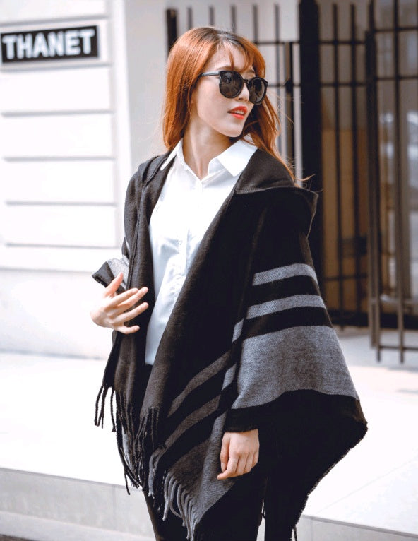 châle à capuche pour femme, châle épais à double usage, chaud et à pompon, collection automne et hiver