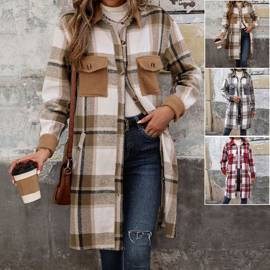 Nouveau manteau long à carreaux brossés avec poches, veste d'hiver tendance, vêtements d'extérieur pour femmes