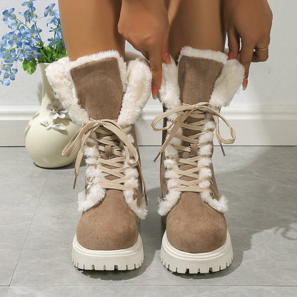 Bottes de neige montantes à lacets pour femmes, en polaire, avec talons épais et chauds.