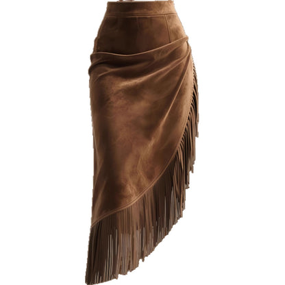 Womens Retro Western Fringe Hem Irregular Suede Skirt