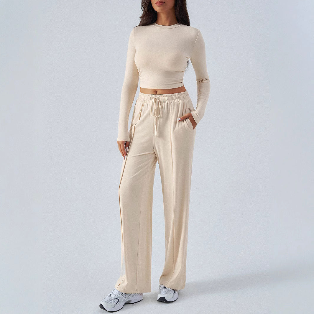Pantalon décontracté à jambes larges et taille haute, couleur unie, moulant, tendance