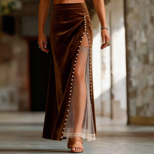 Womens Retro Western Mesh Patchwork Beaded Long Skirt