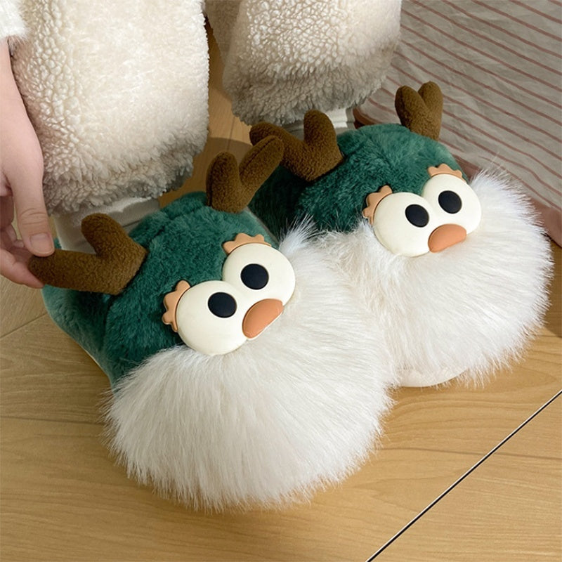 Chaussures mignonnes en coton avec motif cerf de Noël pour femme, pantoufles d'hiver d'intérieur, à talon semi-couvert, chaudes et en peluche