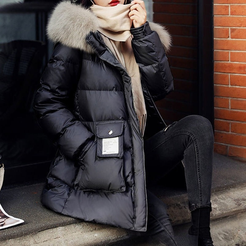Womens Mid-Length Slim-Fit Plus-Thickness Fashionable Padded Down Jacket For Shorter Statures