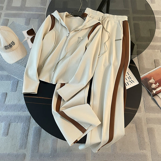 Ensemble veste et pantalon à jambes larges pour femme, style sport décontracté, avec fermeture éclair et capuche