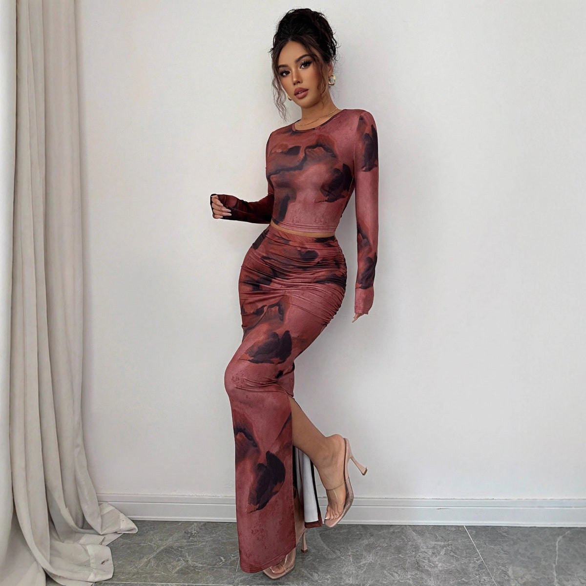 Long-sleeve T-shirt And Tight Long Skirt Set