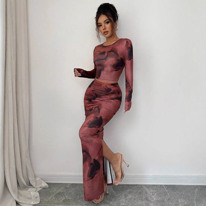 Long-sleeve T-shirt And Tight Long Skirt Set