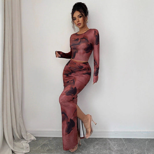 Long-sleeve T-shirt And Tight Long Skirt Set