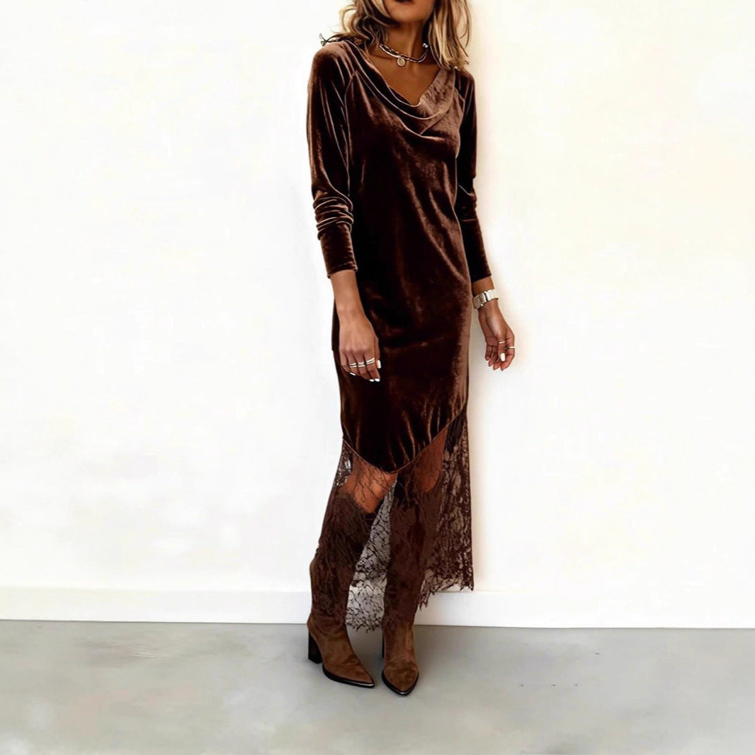Elegant Irregular Stitching Lace Dress Long Sleeve