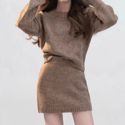 Crewneck Longsleeve Solidcolor Sweater And Pencil Skirt Set