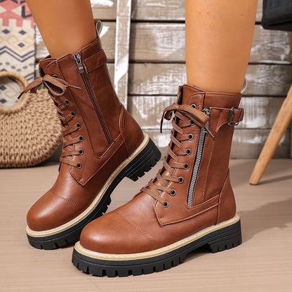 New Women's Solid Color Low Heel Middle Boots