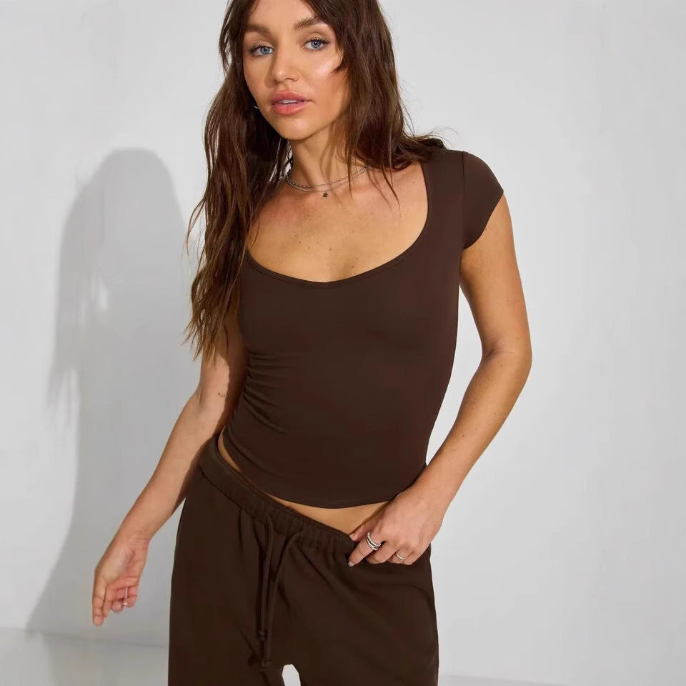 Été Femmes Slim Col Coeur Couleur Unie Décontracté Manches Courtes