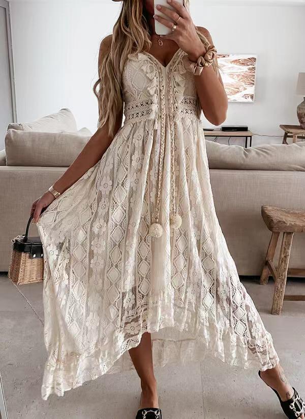 Lace Strap Solid Color Swing Maxi Dress