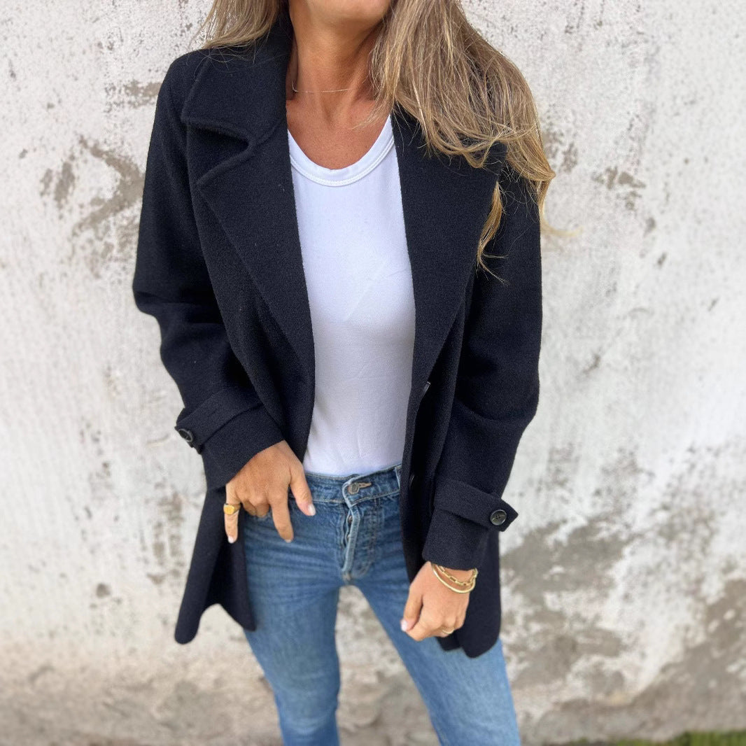 Manteau en laine pour femme, décontracté, ample, revers, fausse poche, cardigan, pardessus en laine