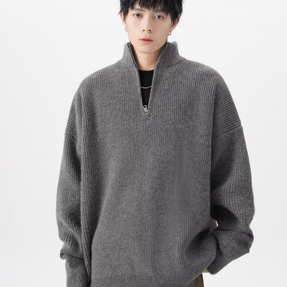 American-style Half Zipper Destroyed Sweater Men's Autumn And Winter Loose Lazy Style