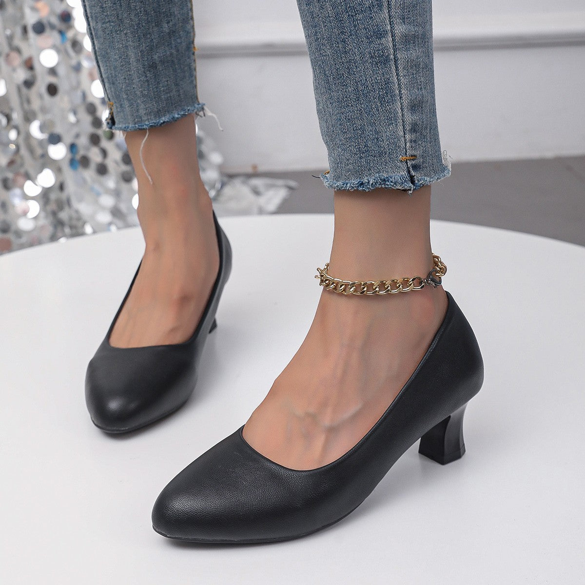 Chunky Heel Not Tired Feet High Heels Small Leather Shoes