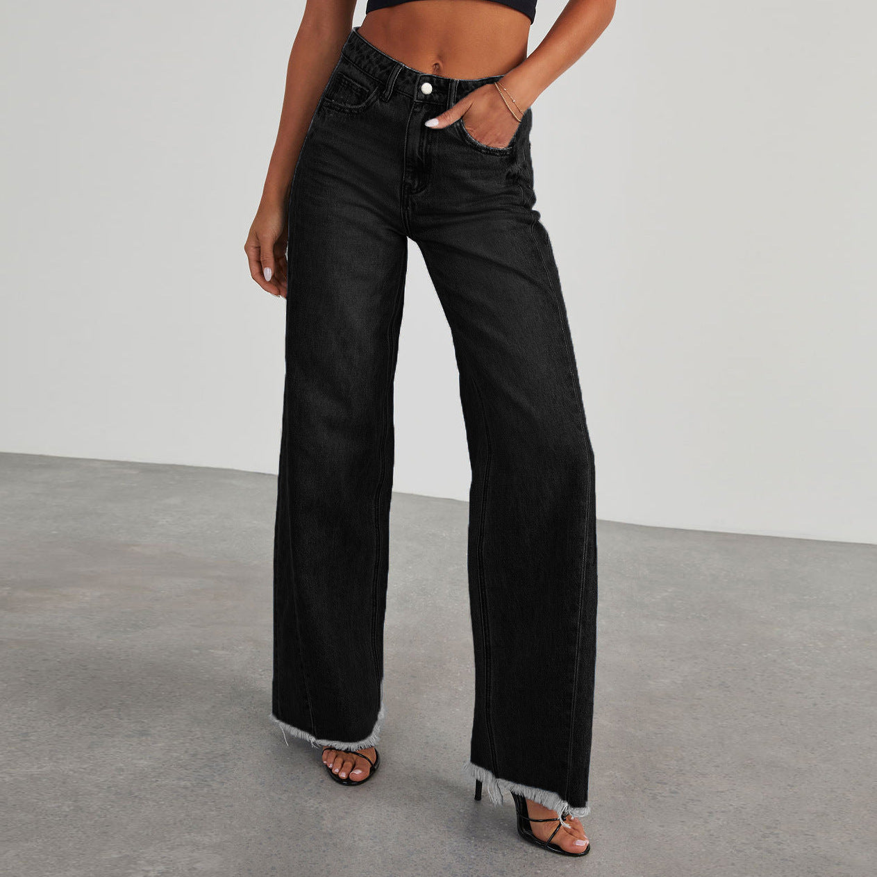 Jean taille haute tendance avec poches, coupe slim confortable, pantalon droit et large, vêtements pour femmes