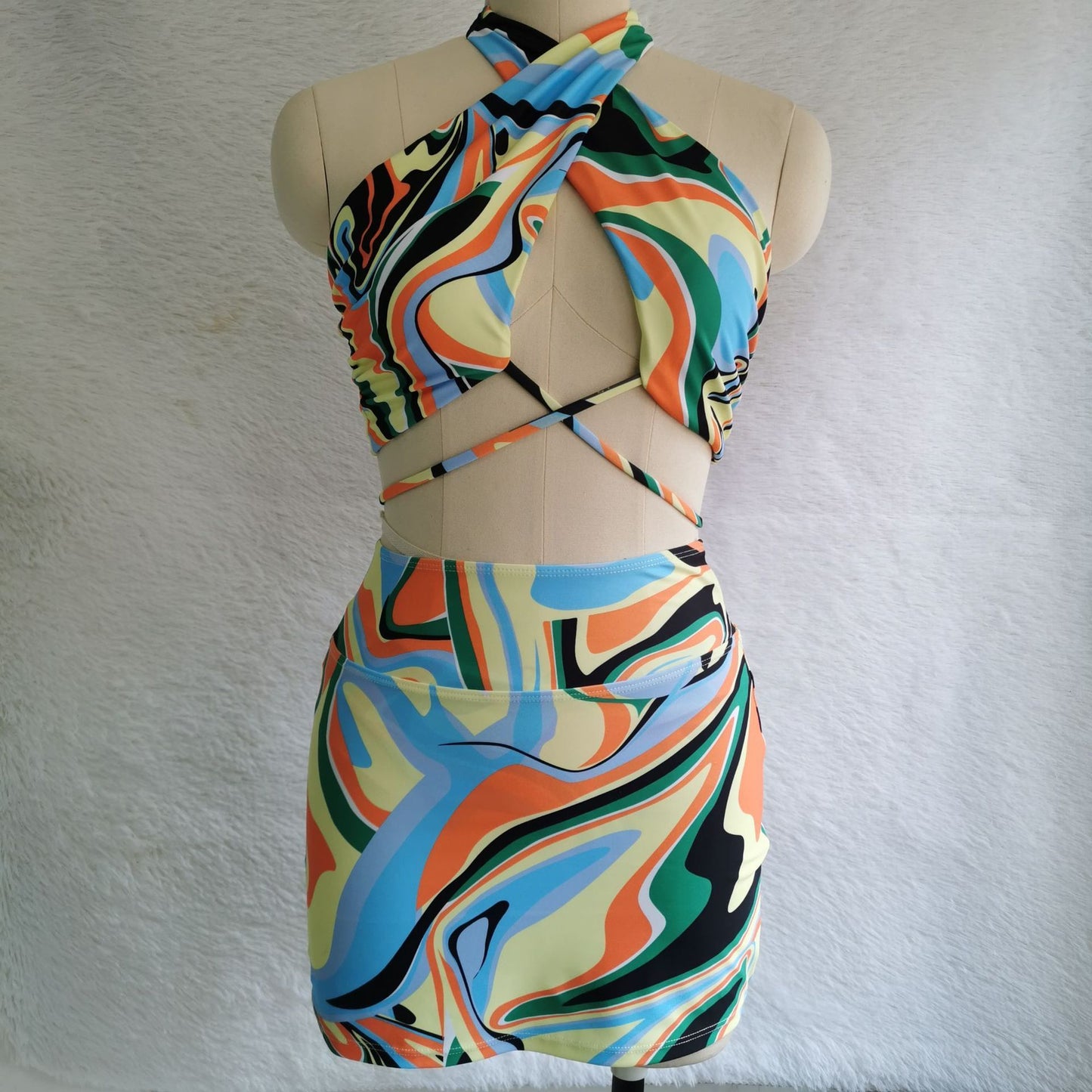 Women's European And American Solid Color Printed Swimsuit Bikini