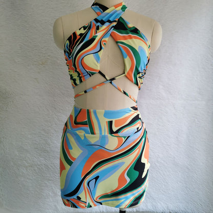 Women's European And American Solid Color Printed Swimsuit Bikini