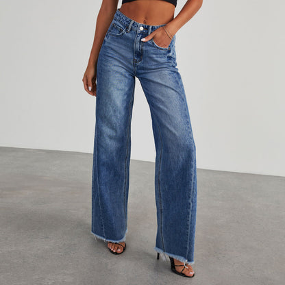 Jean taille haute tendance avec poches, coupe slim confortable, pantalon droit et large, vêtements pour femmes