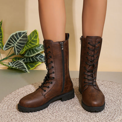 British Style Round Toe Side Zipper Thick Bottom Locomotive Large Size Women's Boots