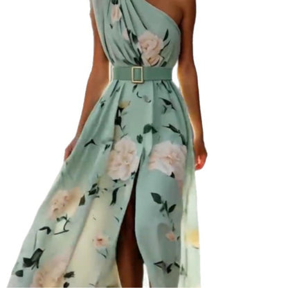 Robe  sans manches à épaules obliques et impression numérique pour femme