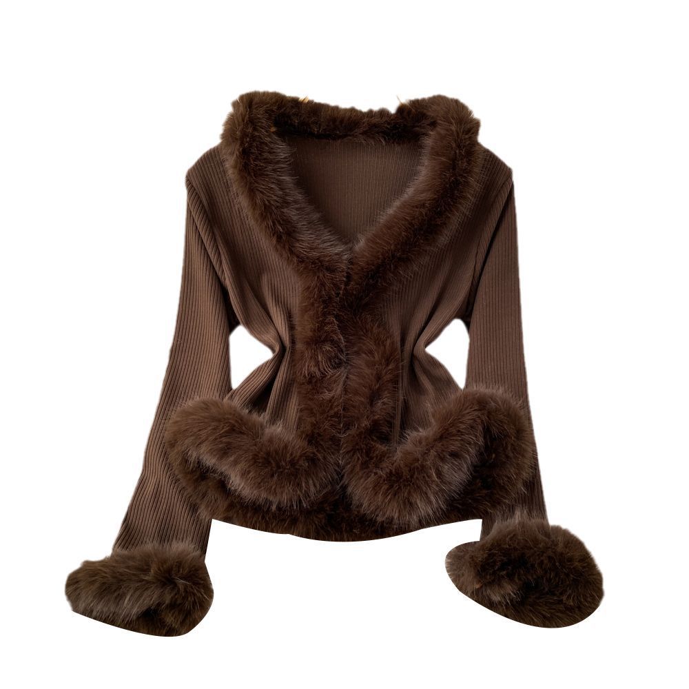 Pure Desire V-neck Stitching Bell Sleeve Slim Slimming And Simple Sweater