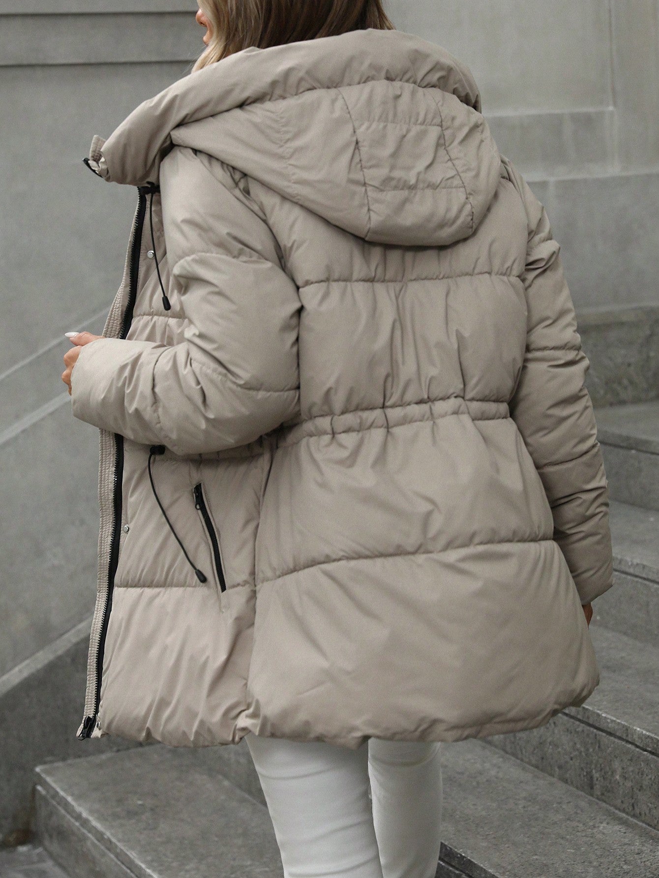 Manteau mi-long matelassé à capuche, taille ajustable, décontracté, rembourré, vêtements d'hiver pour femmes