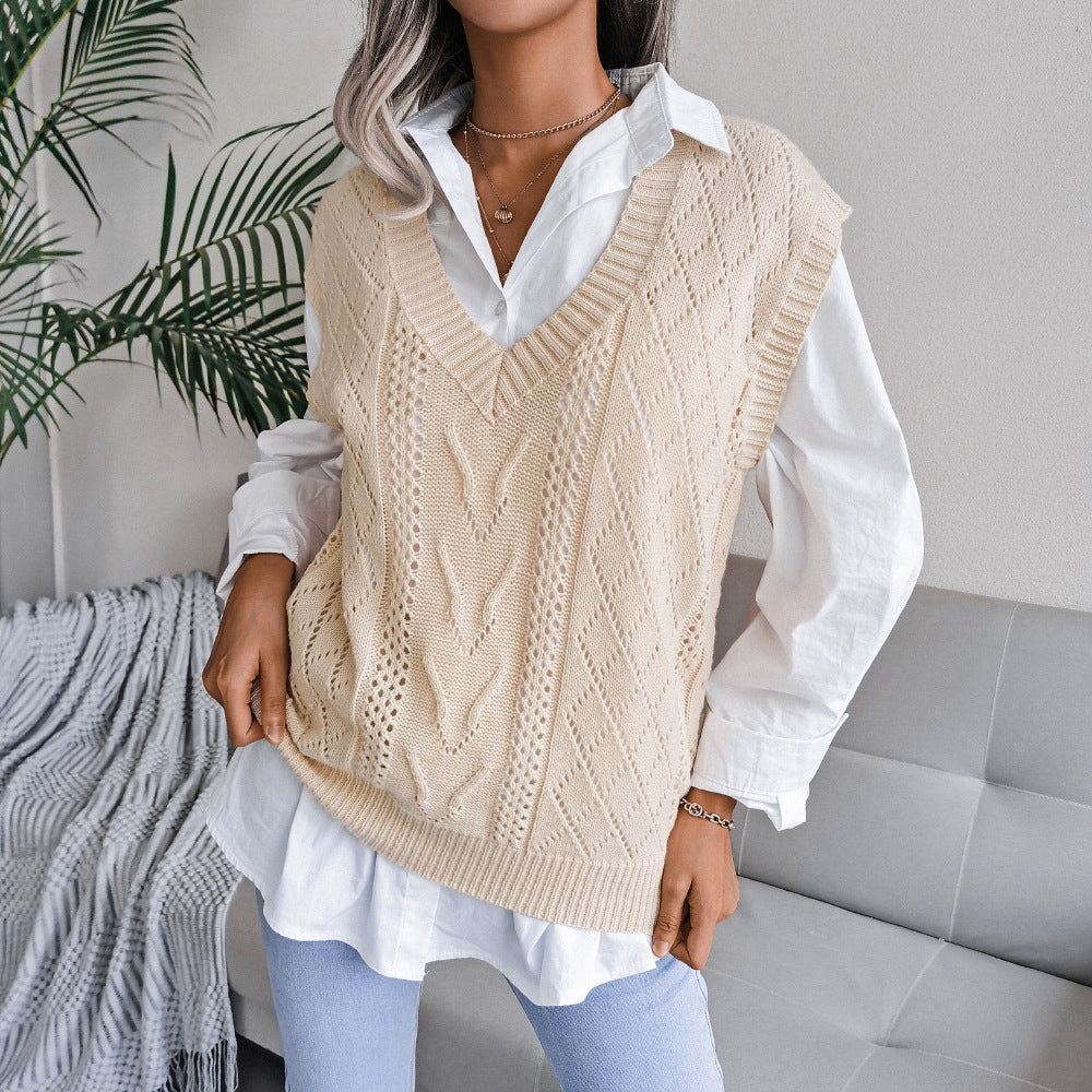 European And American Hollowed Out Twist V-neck Knitted Vest Sweater