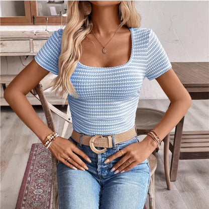 Womens Short-Sleeve T-Shirt With A U-Neck Striped Paneling And Pleated Design