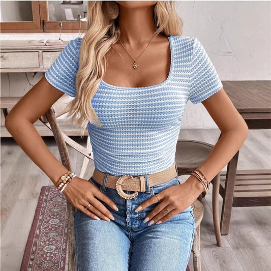 Womens Short-Sleeve T-Shirt With A U-Neck Striped Paneling And Pleated Design