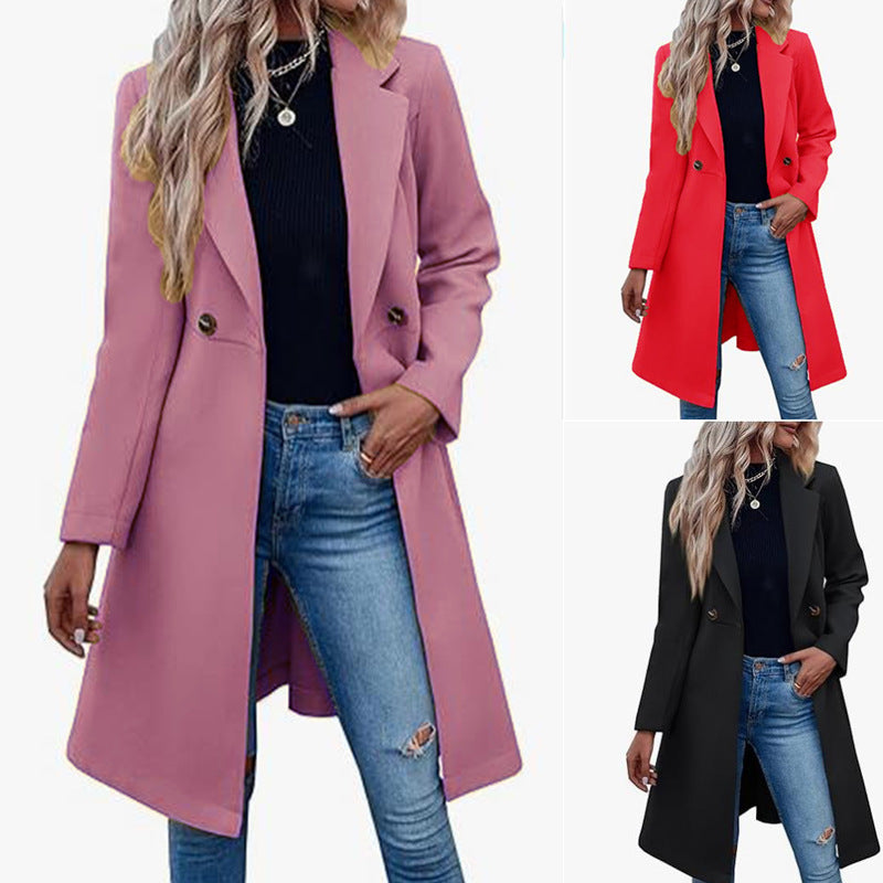 Manteau long en laine à double boutonnage et lacets pour femme