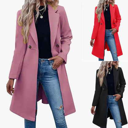 Manteau long en laine à double boutonnage et lacets pour femme