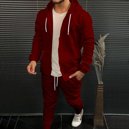 Mens Fashion Solid-Color Casual Hooded Cardigan Set