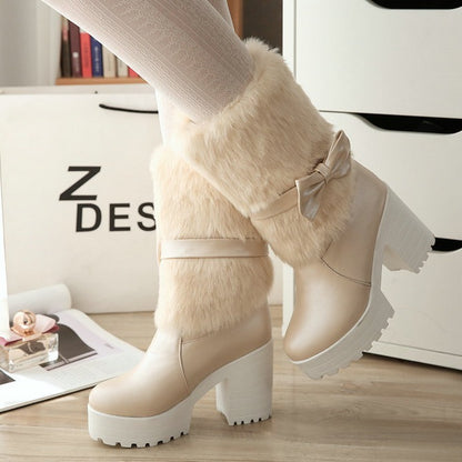 Bottes de neige à talon épais et nœud pour femme