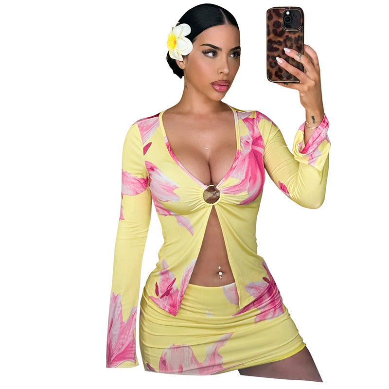 Women's Floral Print Long-Sleeve Jumpsuit With Hoop And Slit