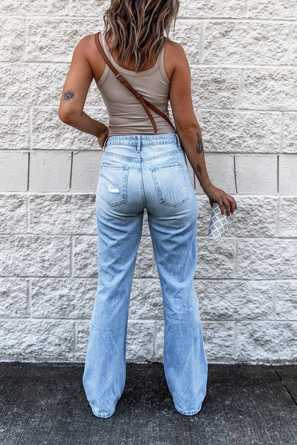 Pantalon en denim taille haute déchiré pour femme, coupe slim rétro, coupe bootcut
