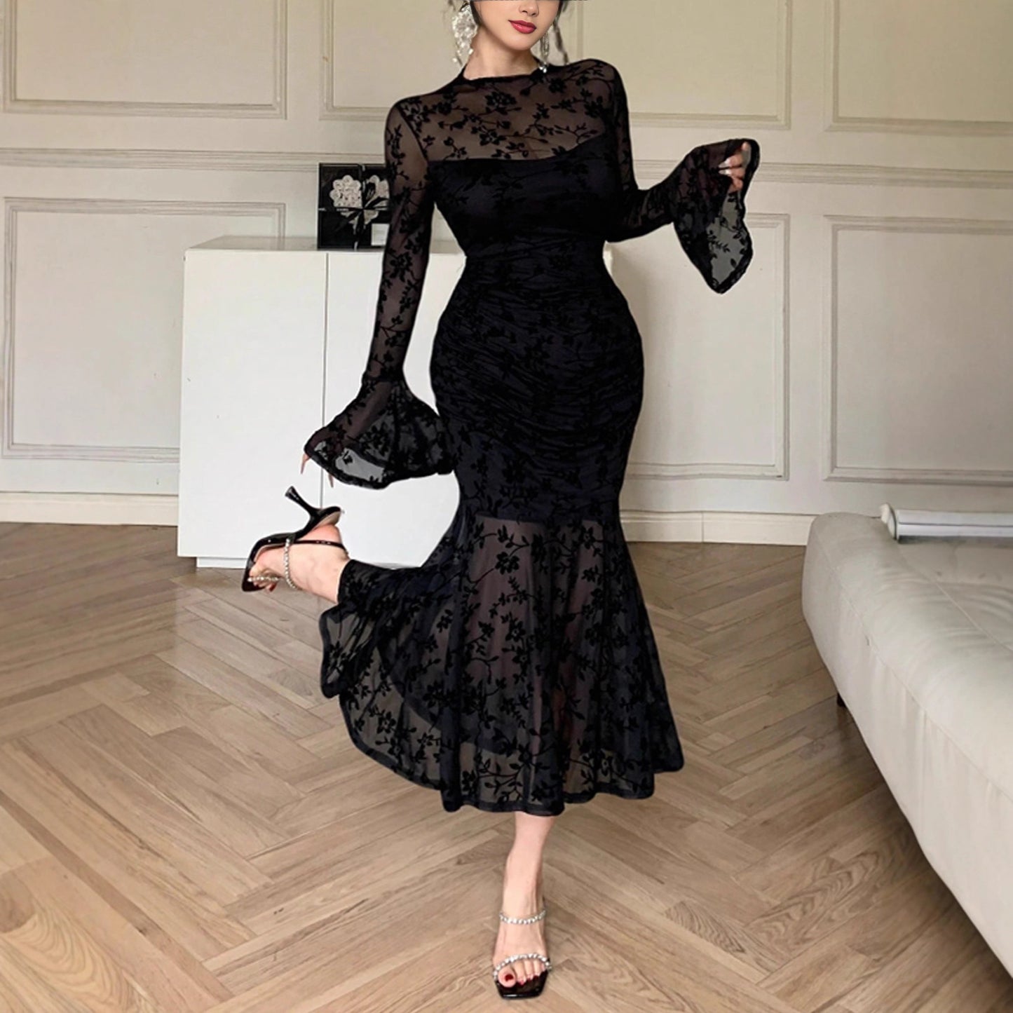 Flocked Mesh Trumpet-sleeve Mermaid Skirt