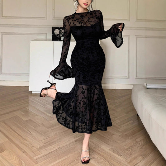 Flocked Mesh Trumpet-sleeve Mermaid Skirt