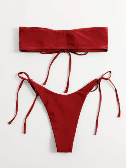 Women's Split Low Waist No Strap Solid Color Tube Top Swimsuit