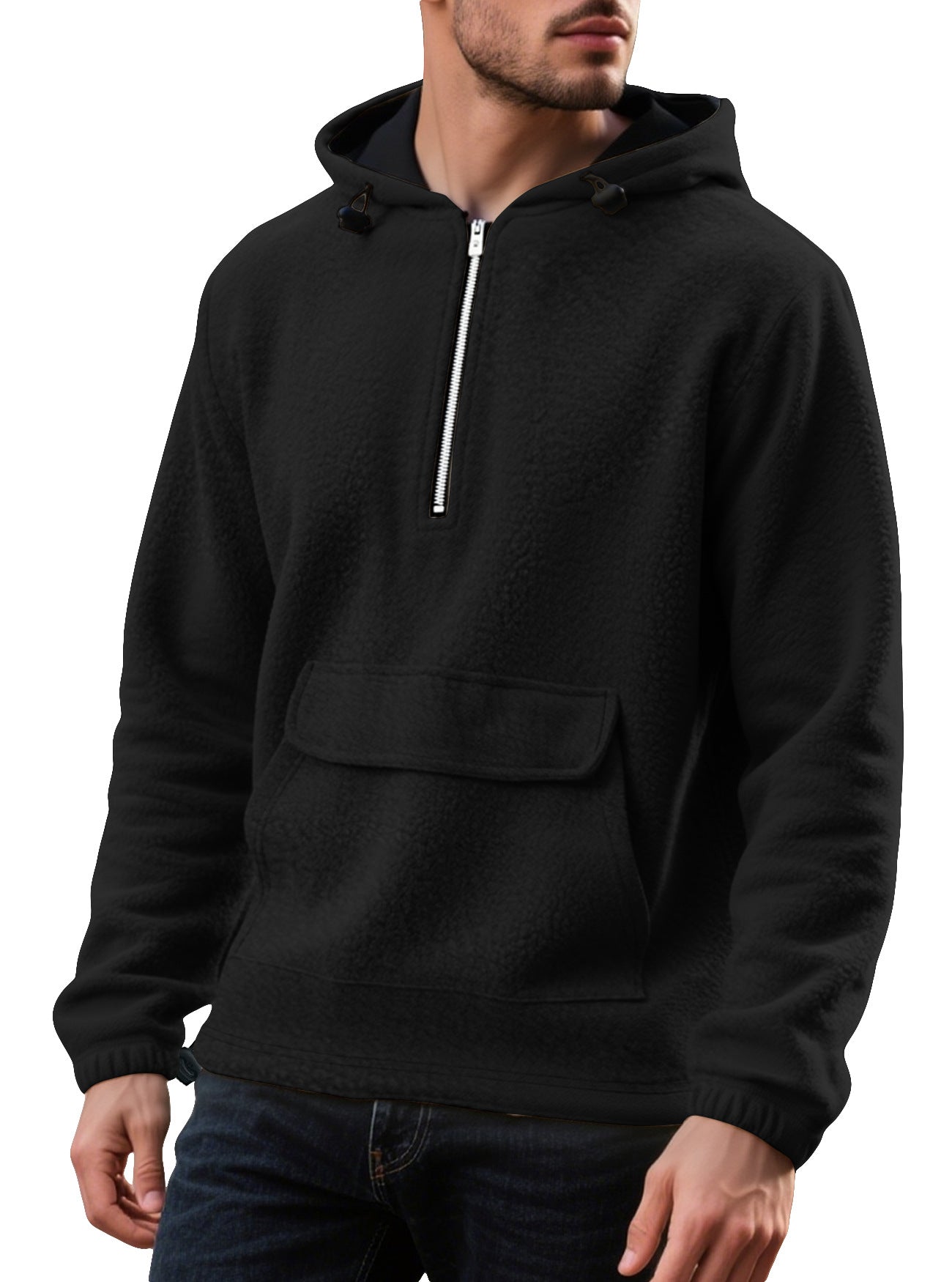 Padded Fleece Sweater Solid Color Half Zip Hooded Work Clothes Pullover