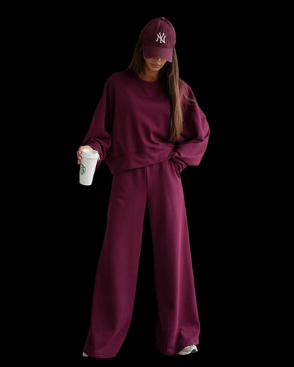 Autumn And Winter Round Neck Long Sleeve Wide Leg Pants Two-piece Set