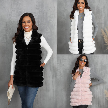 Gilet mi-long en fausse fourrure pour femme, nouvelle collection automne-hiver