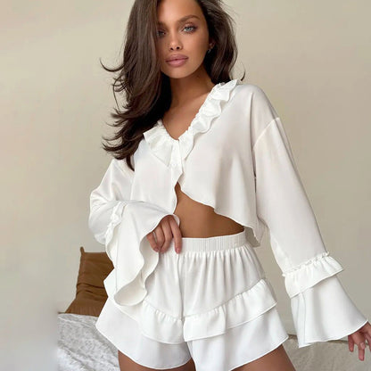 Womens Soft Ruffle-Trim Long-Sleeve Top And Shorts Set