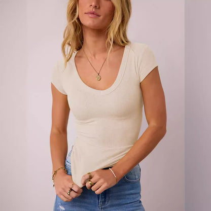 Womens Ribbed Pullover Solid Color Versatile And Stylish Short Sleeves