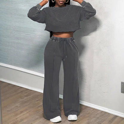 Womens Solid-Color Loose Wide-Leg Pants And Long-Sleeve Top Set